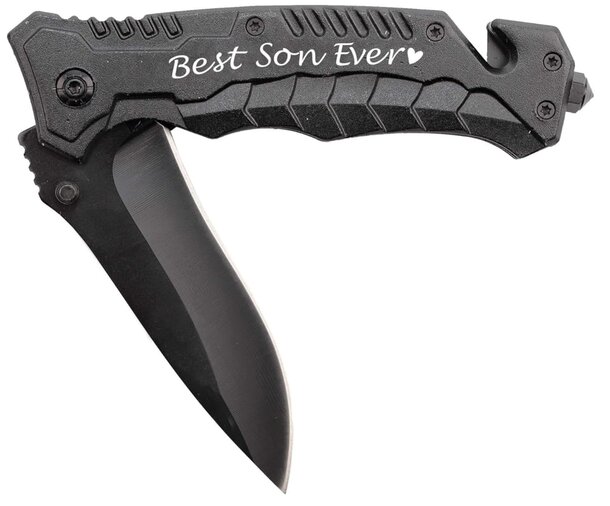 A black knife engraved with the phrase "Best Son Ever" prominently displayed on the blade.