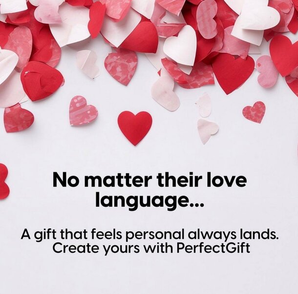 Scattered red, pink, and white paper hearts on top with the text below: “No matter their love language... A gift that feels personal always lands. Create yours with PerfectGift.”
