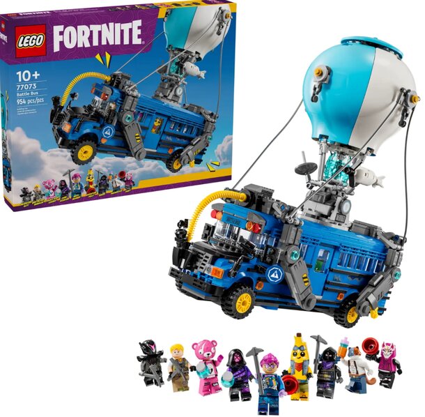 LEGO® Fortnite® set featuring a colorful hot air balloon with characters and accessories for imaginative play.