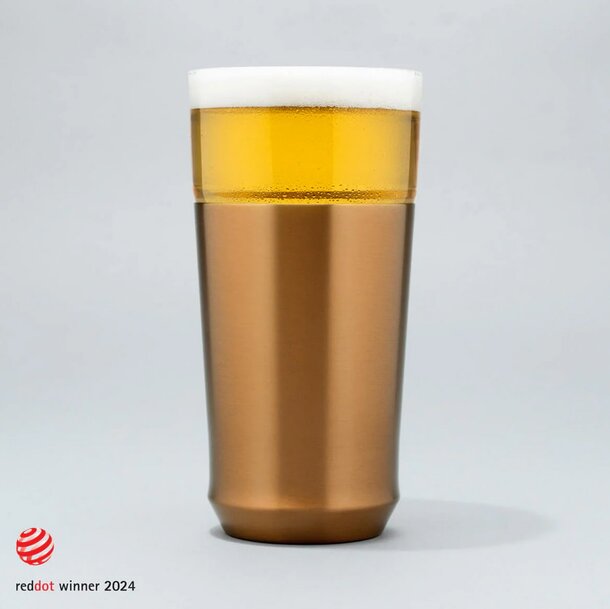 A beer glass featuring a white rim and a brown bottom, showcasing a classic and elegant design.  