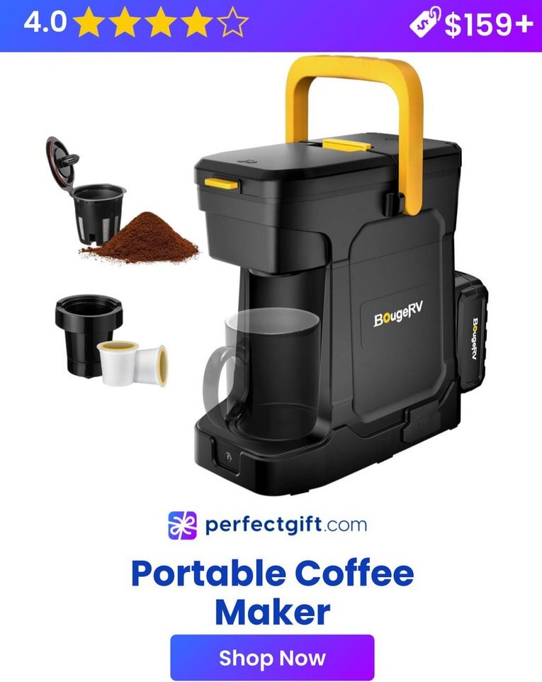 A compact portable coffee maker designed for brewing coffee on the go, featuring a sleek design and easy-to-use controls.
