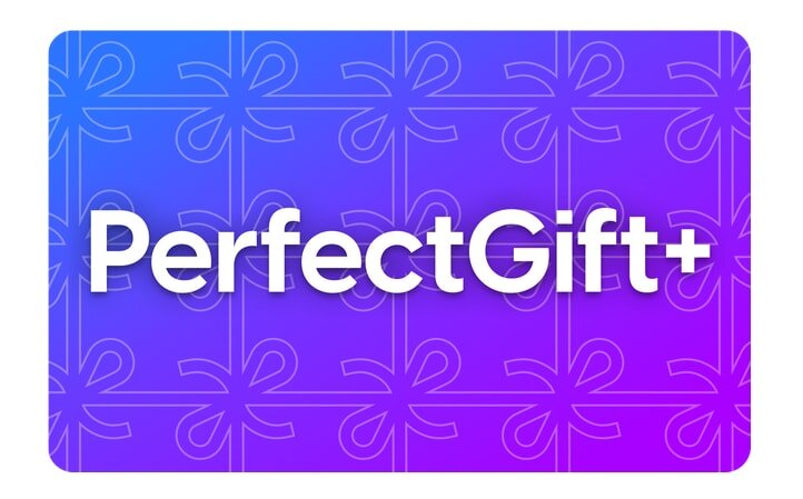 Gradient blue-purple card with "PerfectGift+" text in white. Subtle bow pattern in the background adds elegance and gift-giving theme.