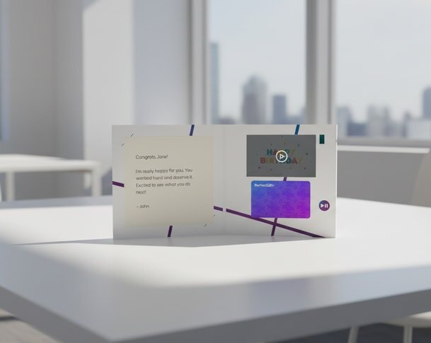 Greeting card on a table with a congratulatory message and video play button, set against a blurred cityscape background.