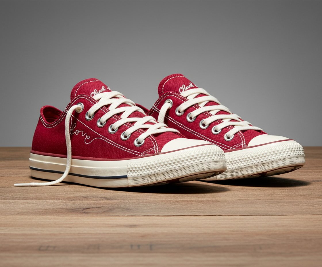 Red canvas sneakers with white rubber soles and laces are displayed on a wooden surface. The word “love” is stitched on the side in cursive.