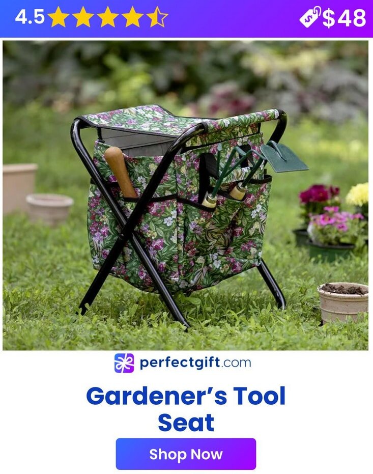 Foldable gardener’s tool seat with floral fabric and black frame, holding gardening tools, priced at $48 with a 4.5-star rating.