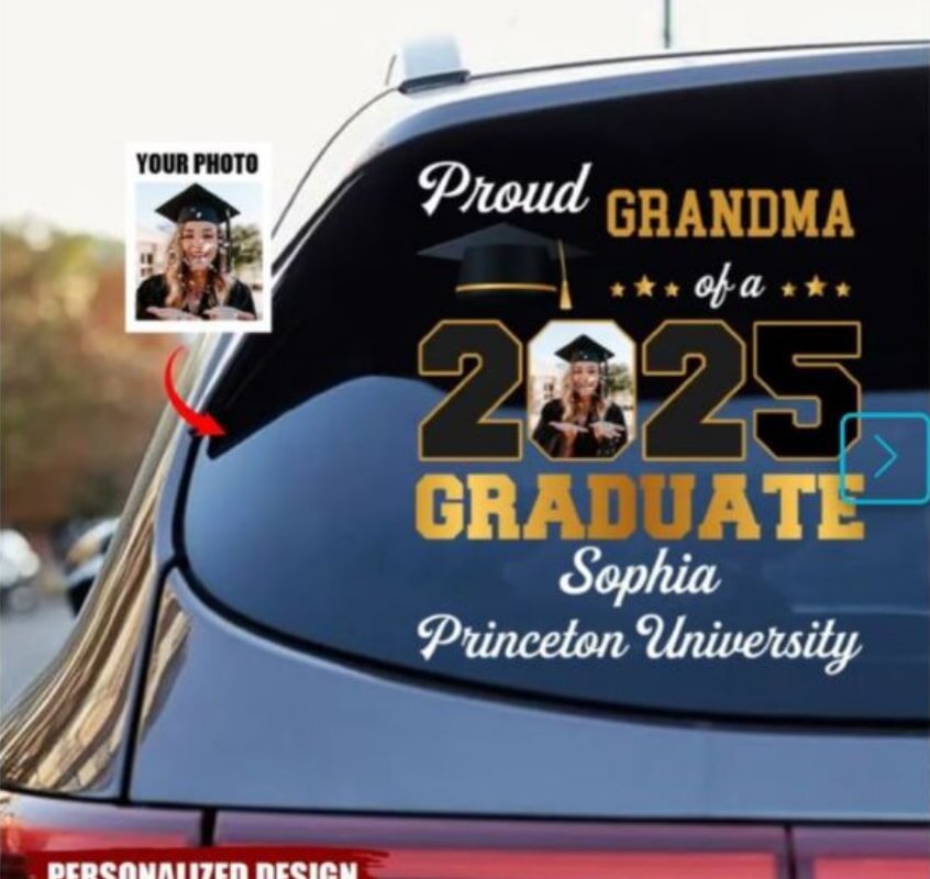 Proud grandma car decal celebrating her grandchild's graduation with a personalized design.