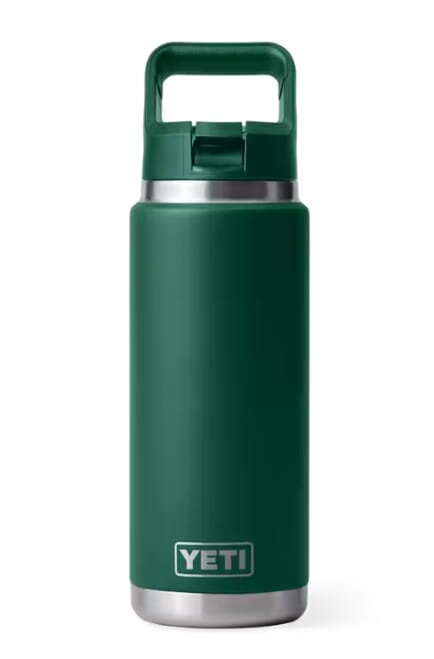 Green Yeti Rambler bottle displayed against a neutral background, showcasing its sleek design and durable construction.
