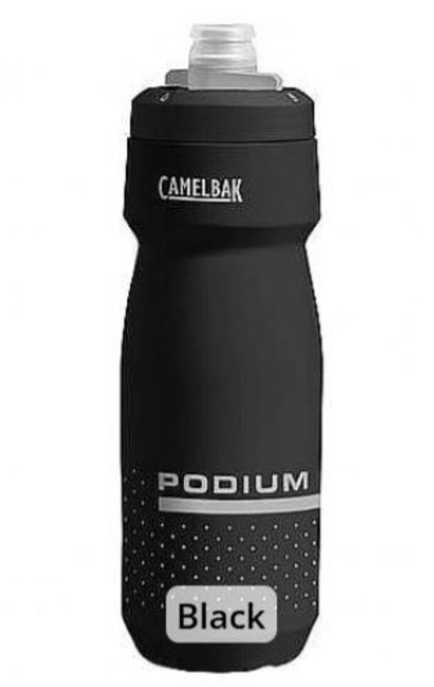 Black CamelBak Podium water bottle with a sleek design, ideal for hydration during sports and outdoor activities.