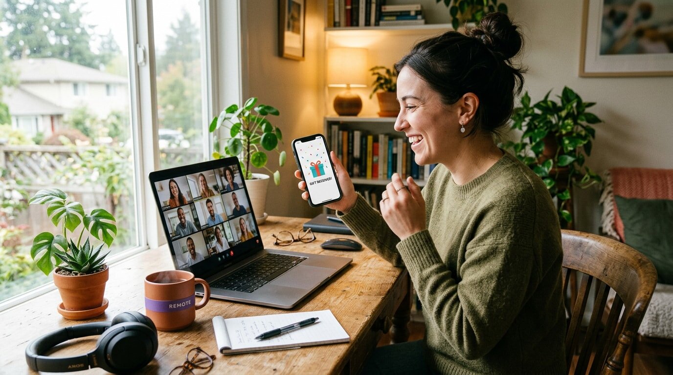 A woman sits on a couch, holding a remote control, appearing relaxed and engaged in her surroundings.
