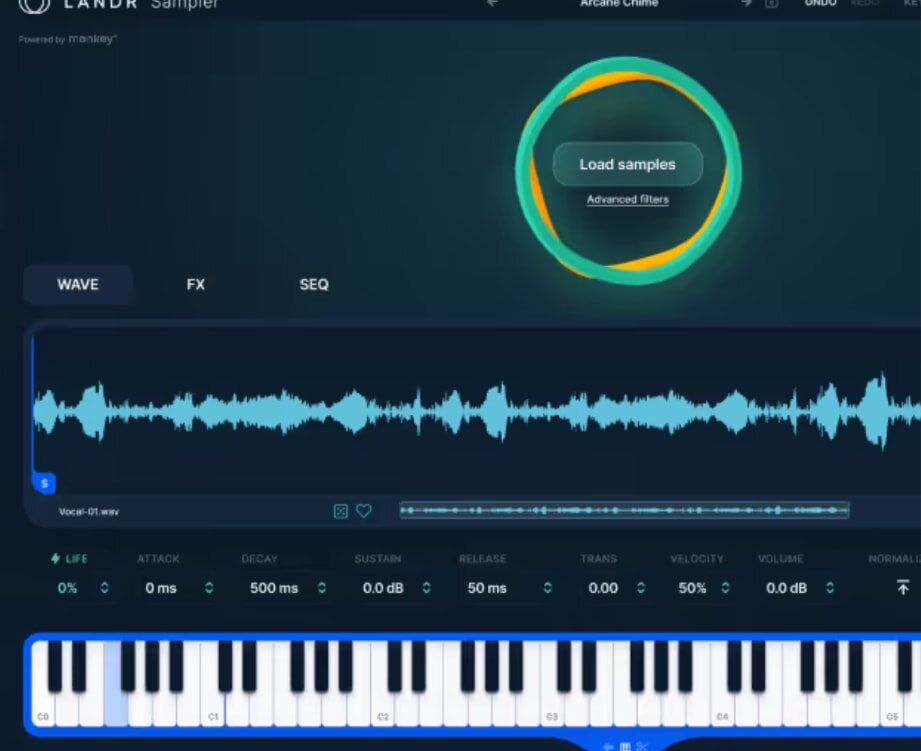 User interface of a music sampler with a sound wave display, circular "Load samples" button, and a virtual piano keyboard. Tone: Creative and intuitive.
