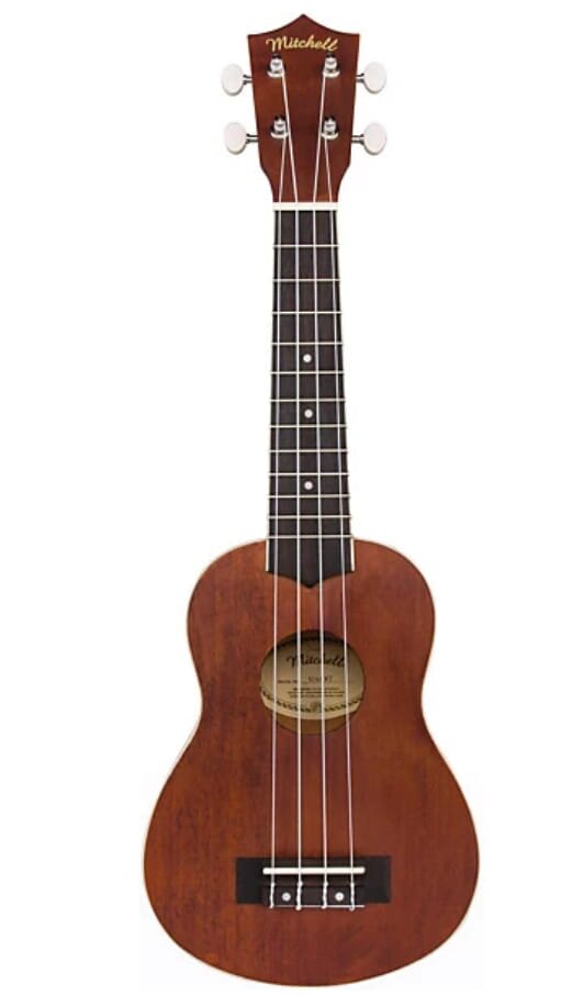 A wooden ukulele resting on a white background, showcasing its smooth body and classic design.
