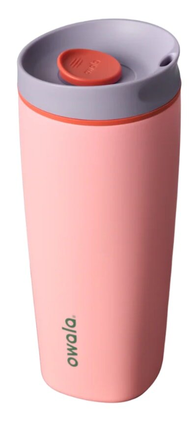 A pink cup with a matching lid, designed for hot or cold beverages, placed on a white surface.