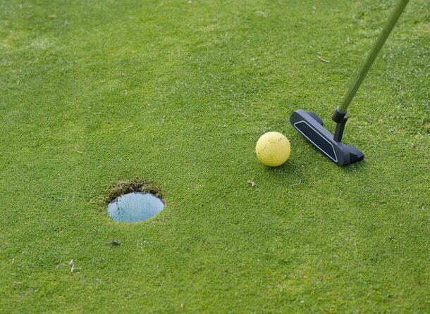 A golf ball and putter resting on a lush green putting surface, ready for a shot.