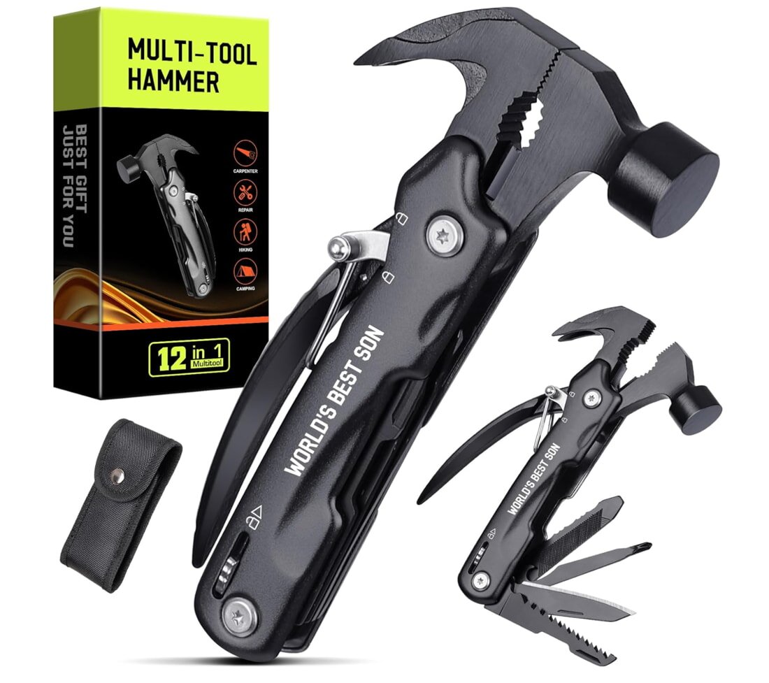 A multi-tool hammer displayed alongside a sleek black case, showcasing its compact and versatile design.