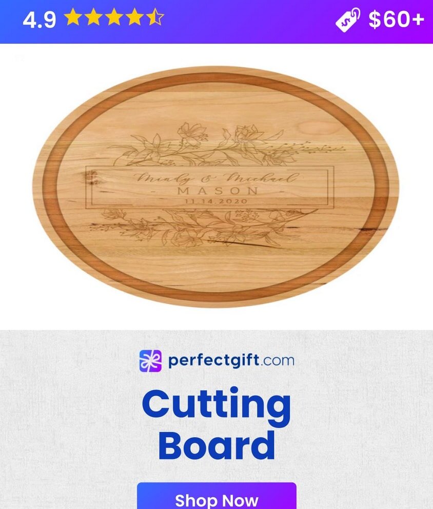 Engraved wooden cutting board with floral design, rated 4.9 stars, priced $60+, from perfectgift.com. Shop now.