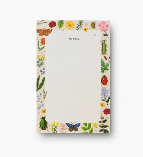 Notepad with "Notes" text, bordered by colorful flowers and insects, including butterflies and ladybugs, on a white background.