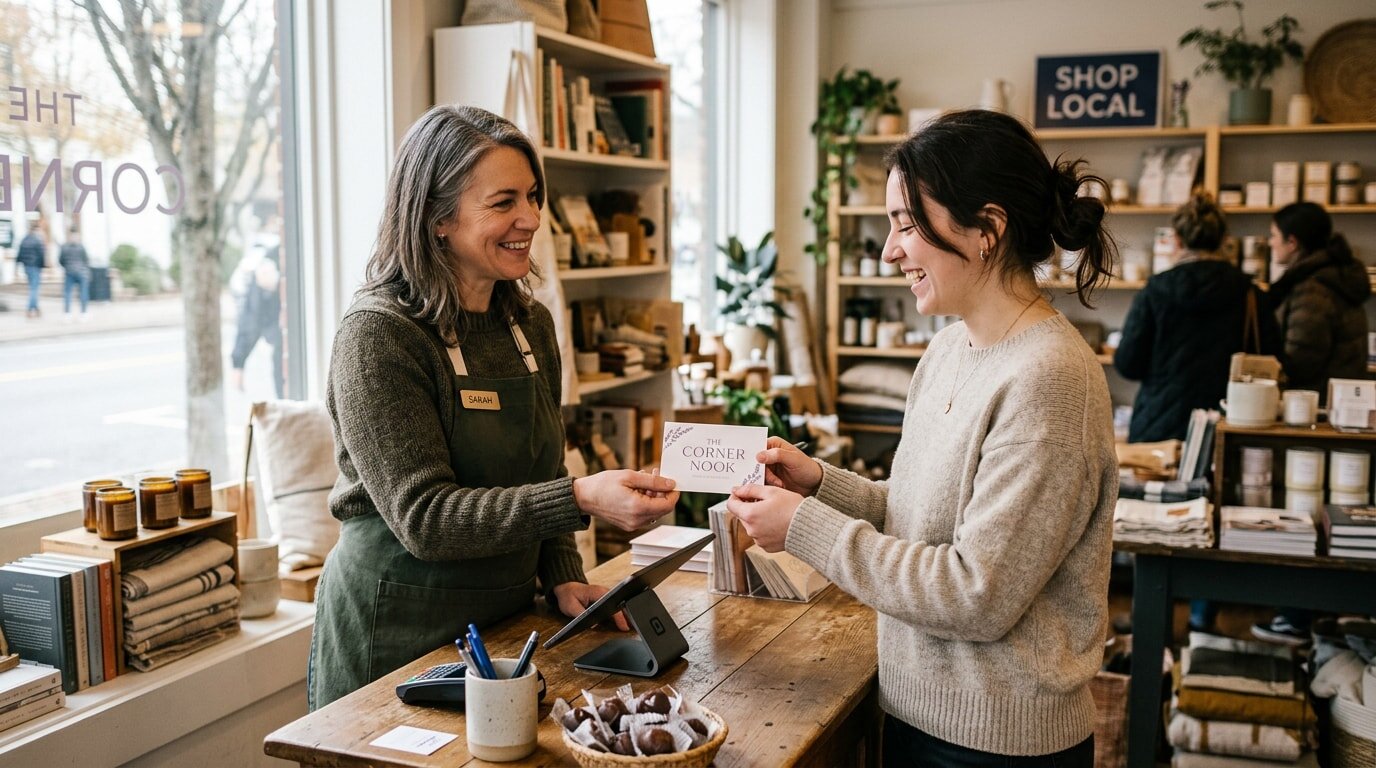 Shopkeeper and customer exchange a card at The Corner Nook, promoting local shopping in a cozy, well-stocked store.