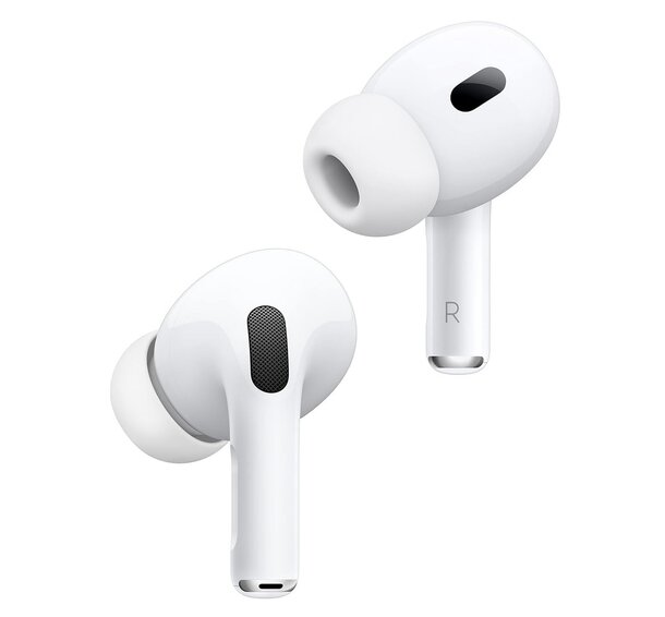 Two identical AirPods displayed on a clean white background, showcasing their sleek design and compact form.