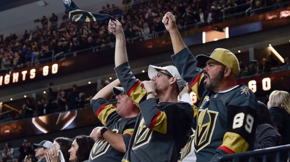 Fans cheering at a Vegas Golden Knights game