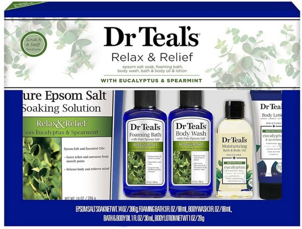 Dr. Teal's Relax Relief Kit featuring bath products for relaxation and stress relief.