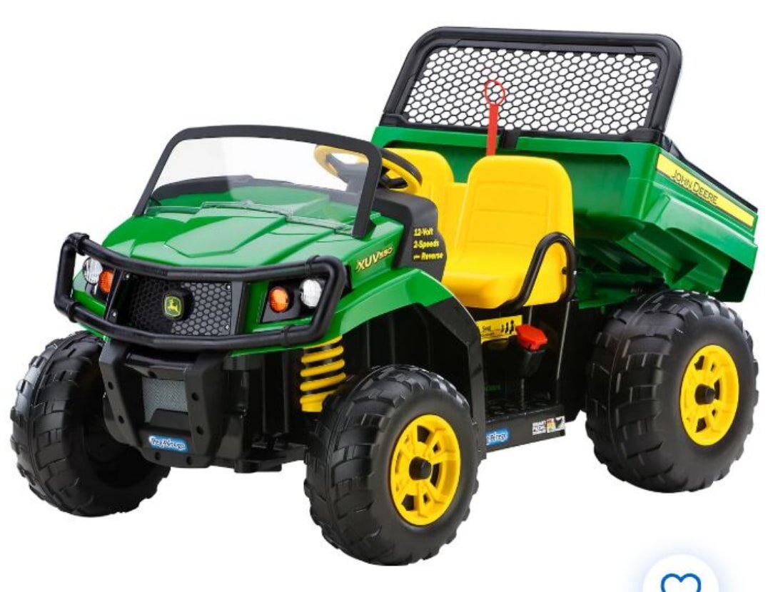 A green toy tractor featuring bright yellow wheels, designed for imaginative play and outdoor adventures.
