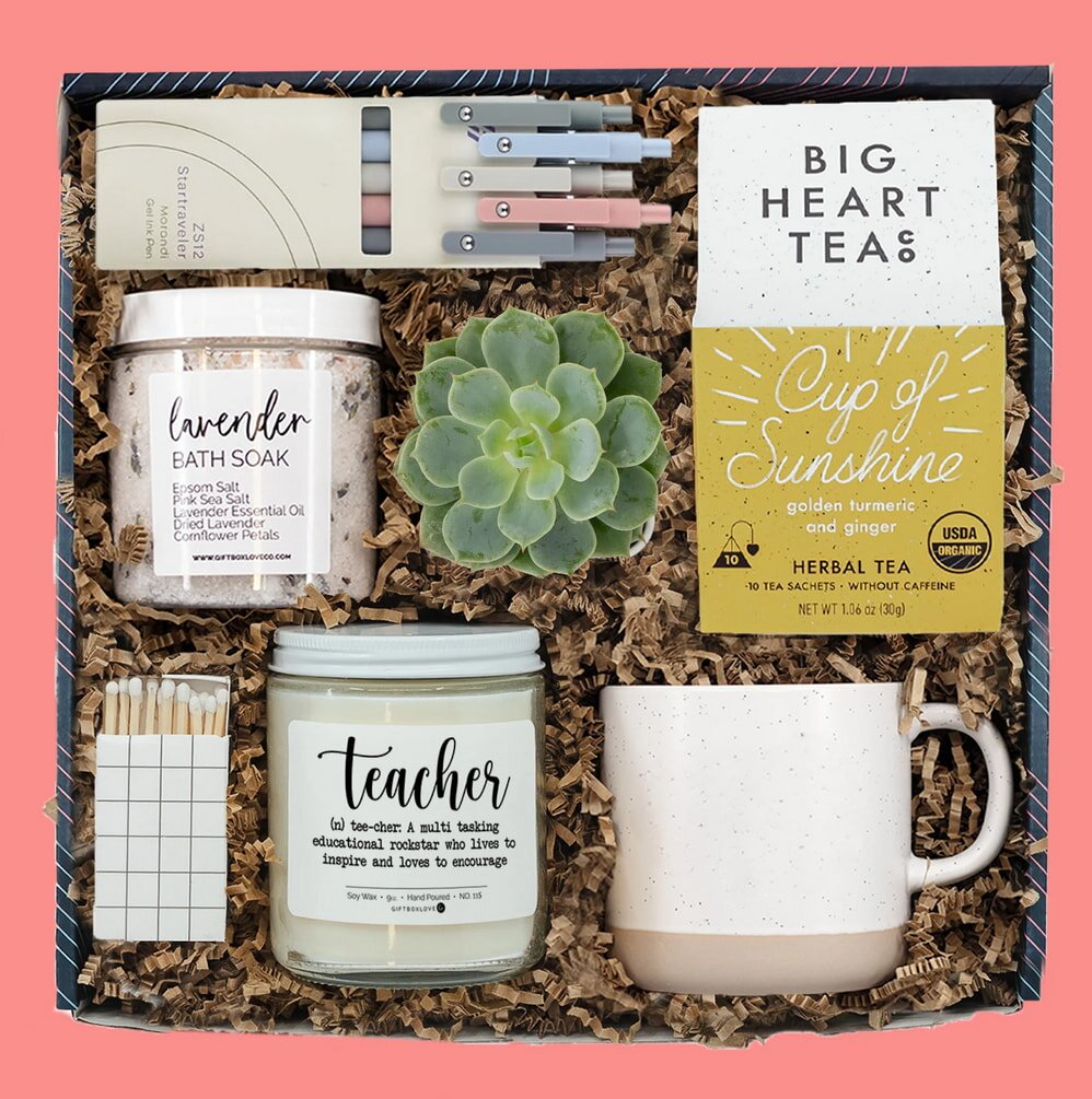 A gift box featuring a steaming cup of tea, a cozy book, and a decorative succulent plant beside it.