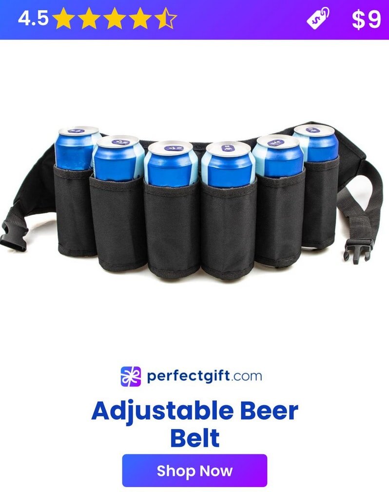 Adjustable beer belt holds six cans, rated 4.5 stars. Available for $9 at perfectgift.com. Ideal for parties. Shop now!