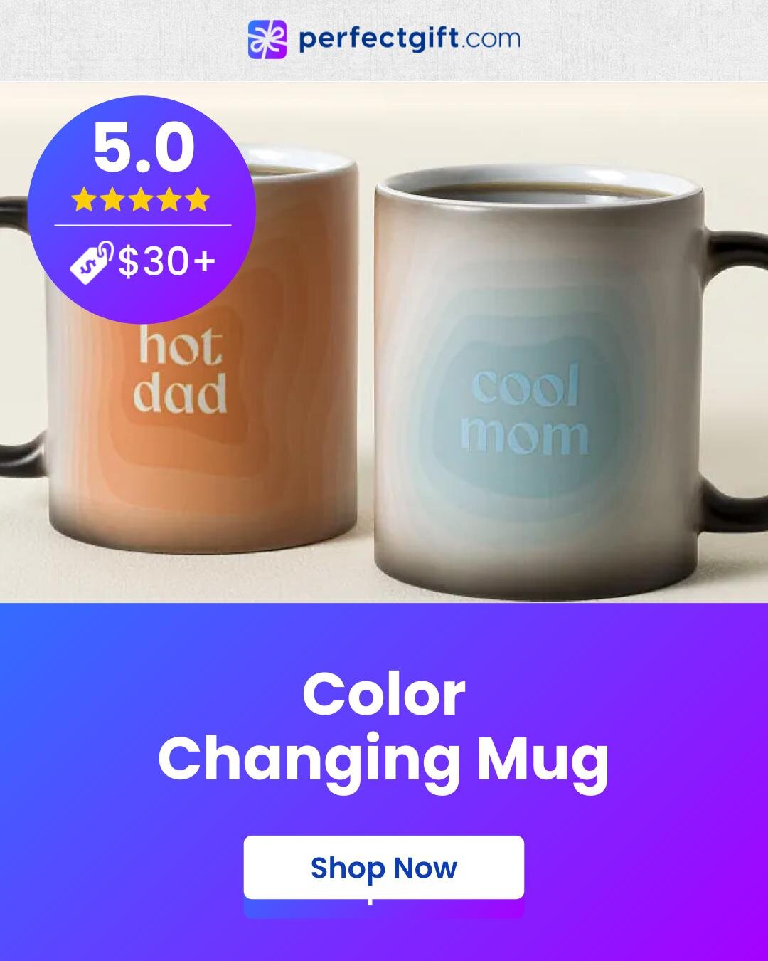 Two color-changing mugs displaying the phrase "Perfect Gift" on their surfaces, showcasing a vibrant design.