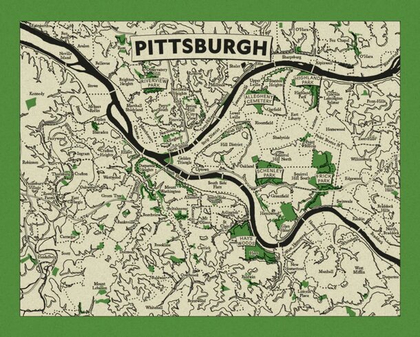Vintage map of Pittsburgh, Pennsylvania, showcasing historical streets and landmarks in a detailed, artistic style.