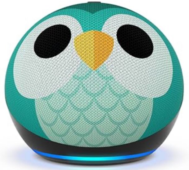 Amazon Echo Dot featuring a decorative owl design, showcasing its compact size and modern aesthetic.