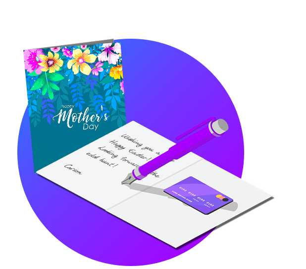 Two customized greeting cards. One opened with text and a gift card inside. 