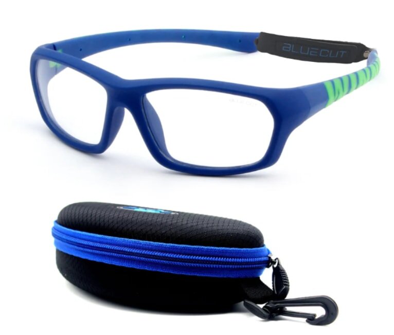 A pair of blue and green glasses resting beside a protective case.