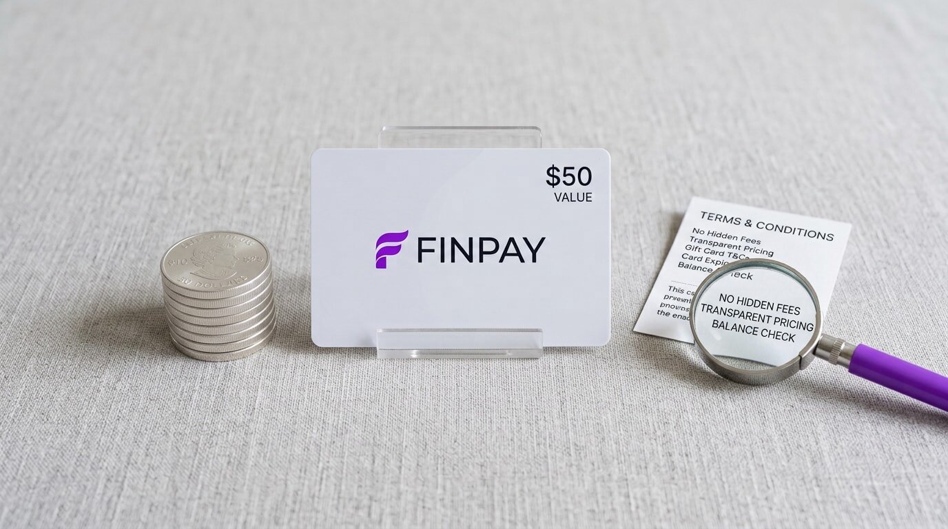 Finpay $50 card with coins, terms under magnifying glass highlighting "No Hidden Fees, Transparent Pricing, Balance Check.
