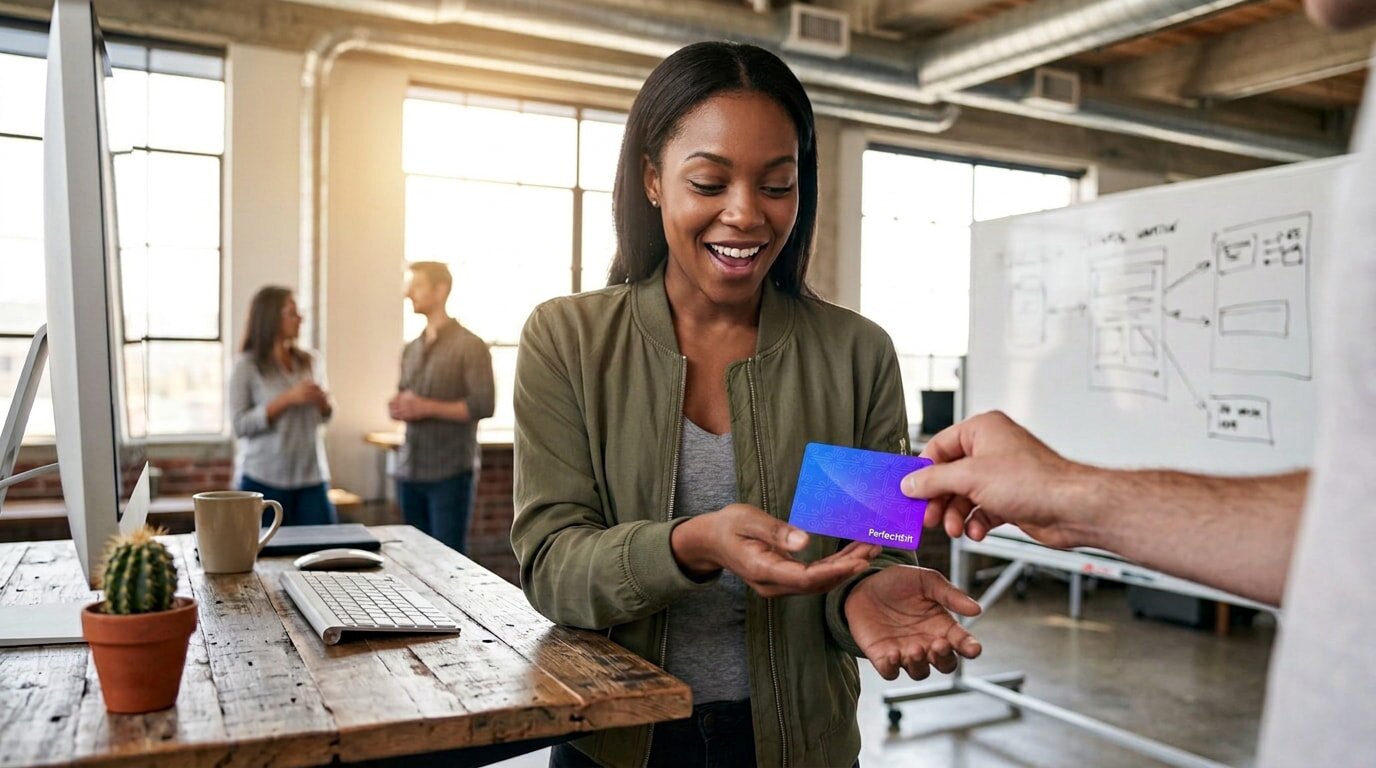 A woman passes a credit card to a man, indicating a purchase or payment process.