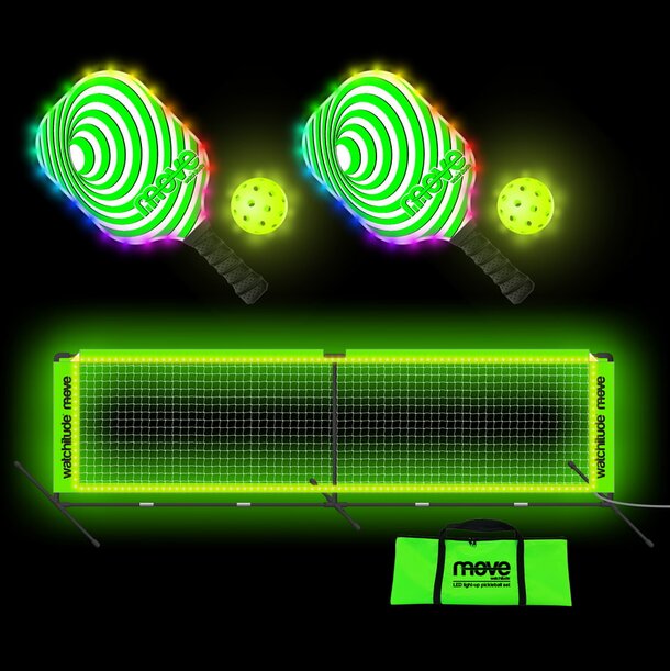 Two glow-in-the-dark tennis rackets and a ball are displayed against a dark background, highlighting their luminous features.