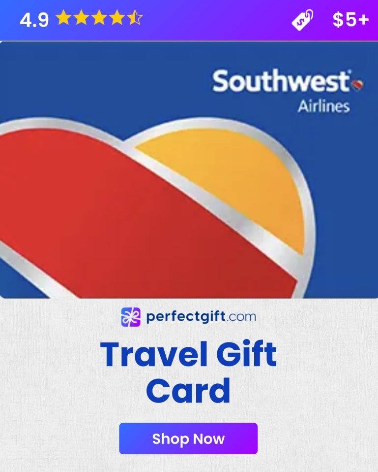 Southwest Airlines travel gift card featuring the airline's logo and vibrant colors, ideal for booking flights.