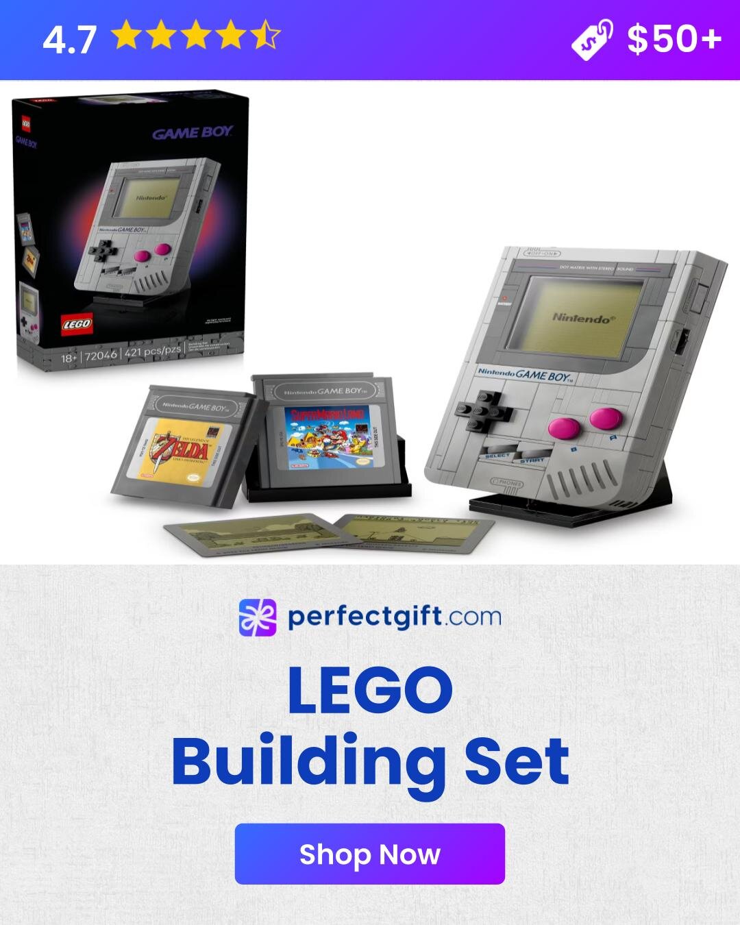 LEGO Game Boy set with cartridges, rated 4.7 stars, priced over $50. Available at perfectgift.com. Shop now.