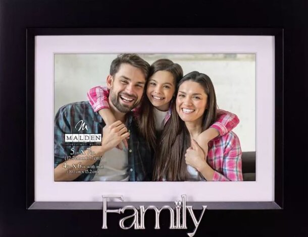 A decorative family photo frame featuring the word "Family" prominently displayed at the center.
