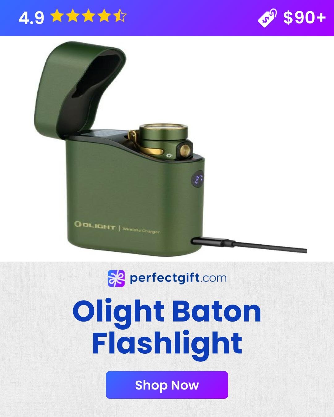 Olight Baton flashlight with a sleek design, showcasing its compact size and bright LED light feature.