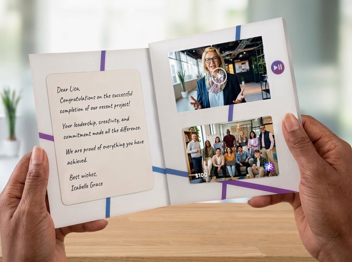 Smiling people sharing a happy thank-you moment as one hands another a purple envelope with a handwritten note