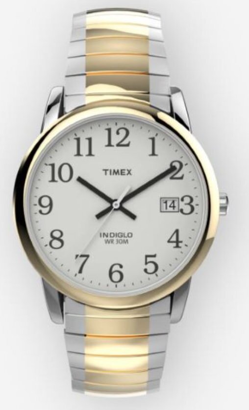 Timex men's two-tone stainless steel watch featuring a classic design with a silver and gold finish.