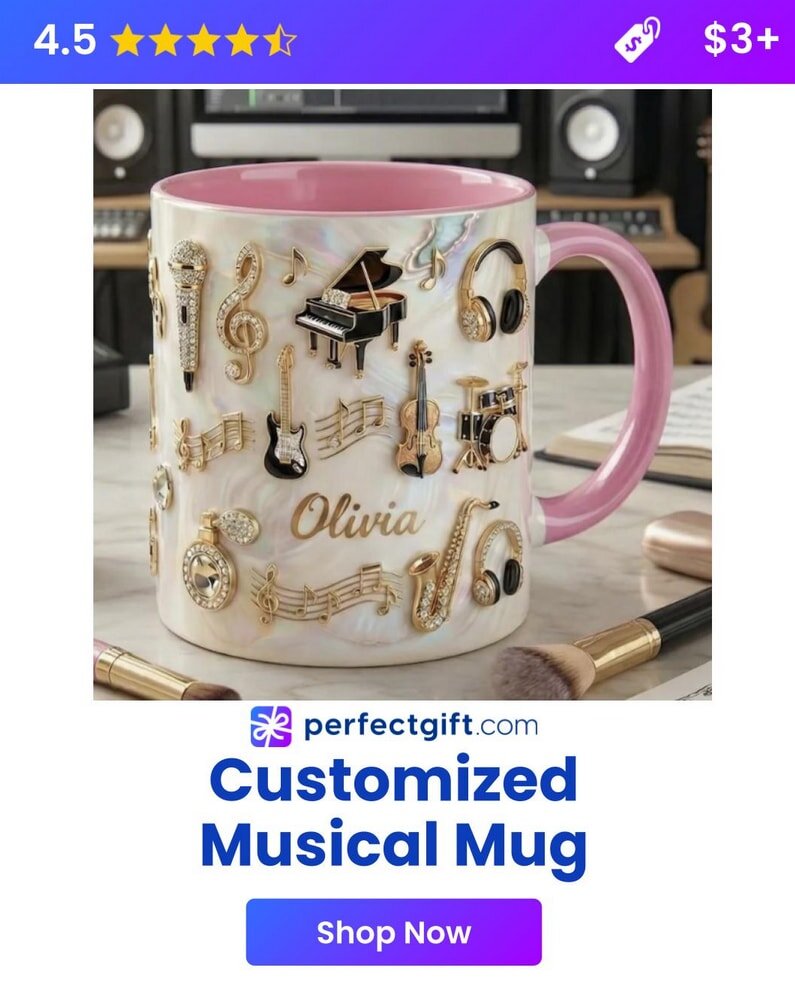 A white mug with a pink handle features gold musical instruments and notes, with the name "Olivia."
