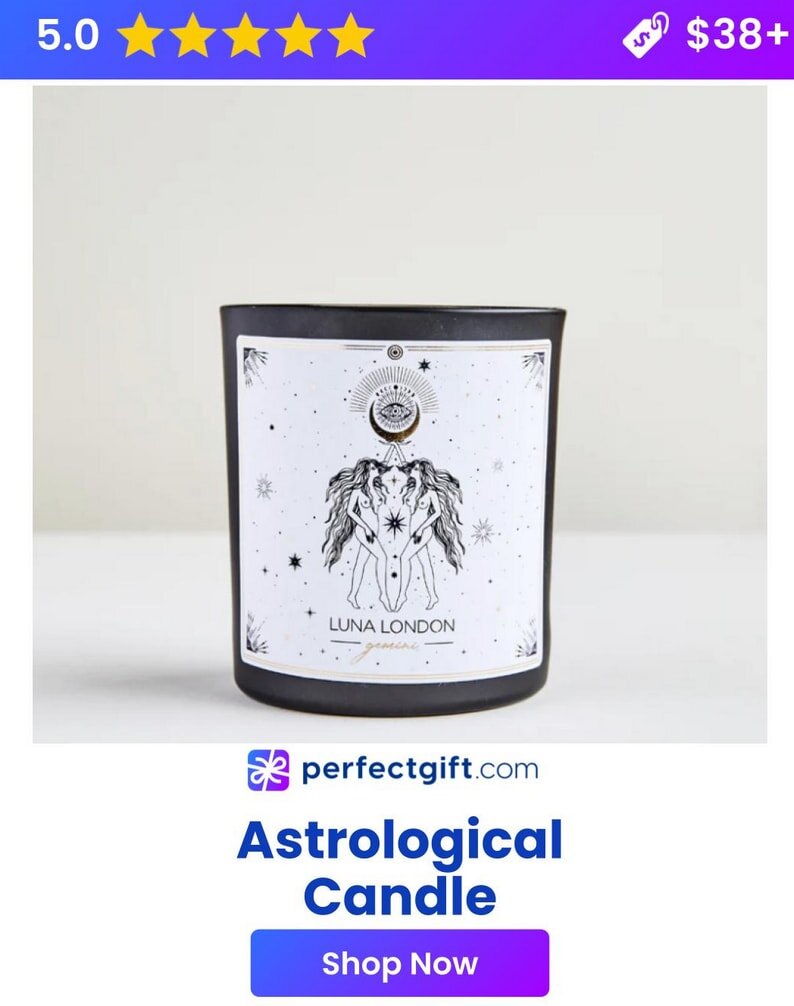 Astrological candle with Gemini design, rated 5 stars, priced at $38+, available at perfectgift.com. Shop now for a unique gift.