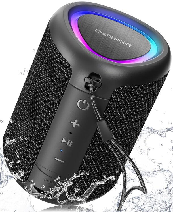  Portable Bluetooth speaker designed to be water-resistant, ideal for outdoor use and music enjoyment in various environments.