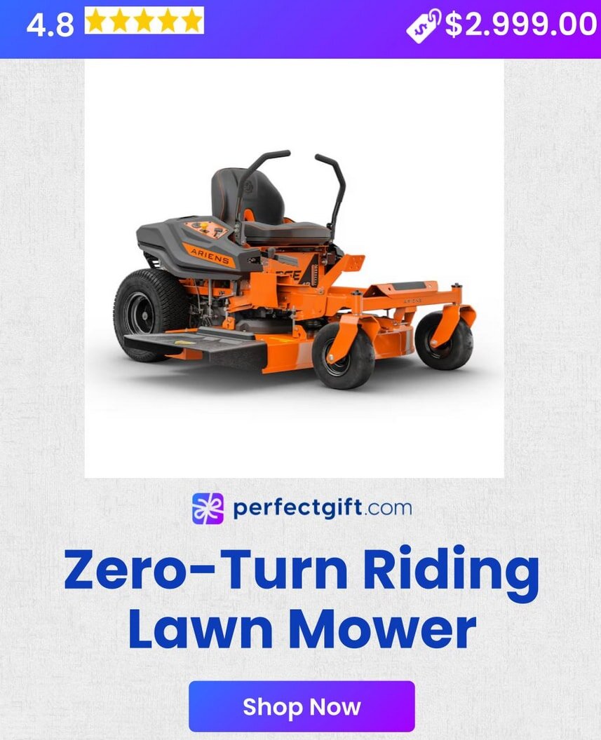 Orange zero-turn riding lawn mower displayed with a 4.8-star rating and $2,999 price tag. Shop now at perfectgift.com.