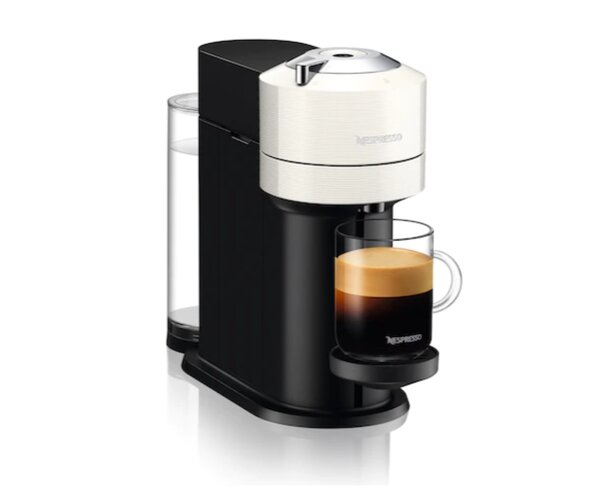 Nespresso coffee machine with a sleek design, featuring a water reservoir and a coffee pod compartment.