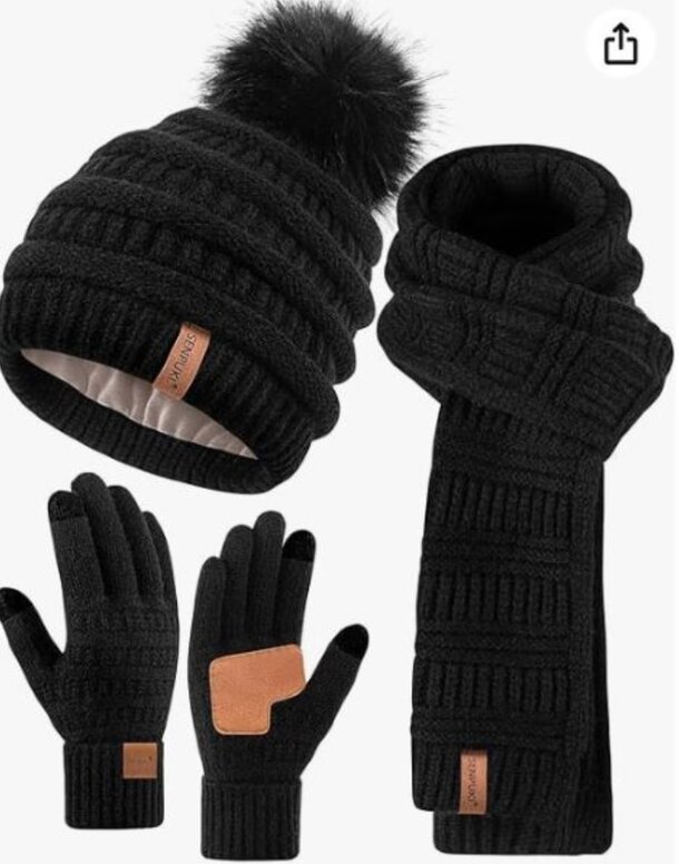 A cozy winter set featuring a knit scarf, hat, and gloves in warm colors, perfect for cold weather.
