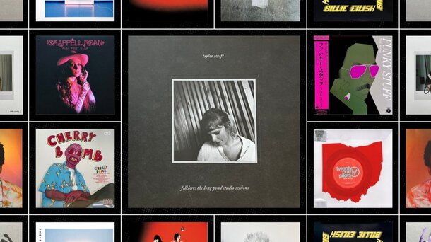 A collage featuring various music album covers and artist images, showcasing diverse genres and styles.
