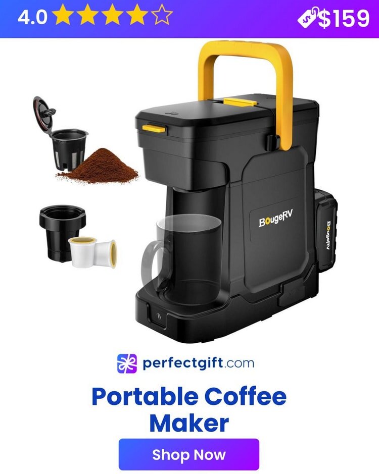 Portable coffee maker with yellow handle, accessories, and coffee grounds. Rated 4 stars, priced at $159. Shop now at perfectgift.com.