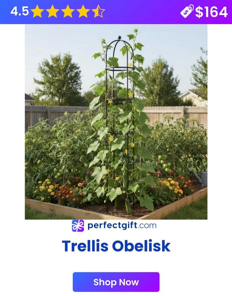 Trellis obelisk supporting climbing plants in a garden bed with 4.5-star rating, priced at $164, from perfectgift.com.